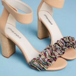 Jeffrey Campbell Tan Block Heel Sandals with Multicolor Ruffle